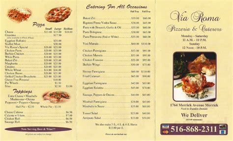 via roma menu with prices